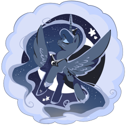 Size: 1200x1200 | Tagged: safe, artist:clockworkquartet, princess luna, alicorn, pony, cute, eyes closed, female, lunabetes, mare, profile, solo, spread wings, stars, wings