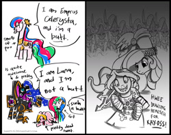 Size: 1442x1142 | Tagged: safe, artist:sanity-x, nightmare moon, princess celestia, princess luna, alicorn, pegasus, pony, adeptus custodes, april fools, chaos, chaos (warhammer 40k), chaos undivided, comic, crossover, cultist, cultist chan, cute, dawn of war, dead, decapitated, fangs, god empress of ponykind, god-emperor of mankind, guardian spear, head on a pike, helmet, heresy, horus, horus lupercal, kay-oss, ponified, power armor, powered exoskeleton, sanguinius, severed head, slaanesh, this will end in tears, this will end in tears and/or death, tongue out, warhammer (game), warhammer 40k, x eyes