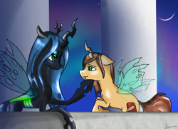 Size: 916x663 | Tagged: safe, artist:queennyra, queen chrysalis, oc, oc:poisoned soul, changeling, changeling queen, canon x oc, changelingified, chrysalislover, shipping