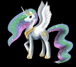 Size: 900x800 | Tagged: safe, artist:wind-kitty, princess celestia, alicorn, pony, crown, female, horn, mare, multicolored mane, multicolored tail, solo, white coat, white wings, wings