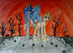 Size: 2013x1449 | Tagged: safe, artist:rammchen669, queen chrysalis, oc, oc:poisoned soul, changeling, changeling queen, changelingified, chrysalislover, traditional art