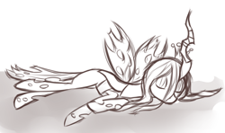 Size: 1280x757 | Tagged: safe, queen chrysalis, changeling, changeling queen, grayscale, monochrome, pixiv, sleeping, solo