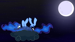 Size: 15178x8533 | Tagged: safe, artist:rainbownspeedash, princess luna, alicorn, pony, absurd resolution, clothes, cloud, moon, night, on back, smiling, socks, solo, stars