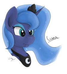 Size: 900x1000 | Tagged: safe, artist:luximus17, princess luna, alicorn, pony, bust, female, mare, name, portrait, simple background, smiling, solo, three quarter view, white background