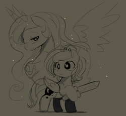 Size: 850x786 | Tagged: safe, artist:ende26, princess celestia, princess luna, alicorn, pony, filly, grayscale, monochrome, sword, weapon, woona