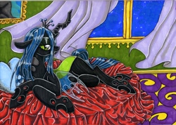 Size: 3496x2495 | Tagged: safe, artist:darkcherry87, queen chrysalis, changeling, changeling queen, bed, bedroom eyes, solo, traditional art