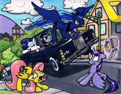 Size: 3283x2551 | Tagged: safe, artist:sketchywolf-13, fluttershy, princess luna, rarity, twilight sparkle, twilight sparkle (alicorn), alicorn, earth pony, pegasus, pony, unicorn, book, car, face down ass up, female, levitation, magic, male, mare, stallion, telekinesis, traditional art