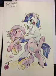 Size: 1280x1707 | Tagged: safe, artist:mi-eau, princess cadance, shining armor, alicorn, pony, unicorn, bipedal, dancing, flower, flower in mouth, japan expo, mouth hold, photo, rose, sparkles, traditional art, unshorn fetlocks, watercolor painting