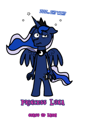 Size: 600x865 | Tagged: safe, artist:greenlinzerd, princess luna, anthro, caption, my little boneheads, sharp horn, simple background, solo, tired, transparent background