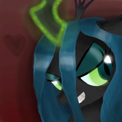 Size: 894x894 | Tagged: safe, artist:chanceyb, queen chrysalis, changeling, changeling queen, evil grin, glowing horn, solo