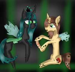 Size: 916x872 | Tagged: safe, artist:spitfire040701, queen chrysalis, oc, oc:poisoned soul, changeling, changeling queen, canon x oc, changelingified, chrysalislover, shipping