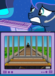 Size: 563x769 | Tagged: safe, princess luna, alicorn, pony, exploitable meme, gamer luna, meme, obligatory pony, peril, railway to heaven, this will end in death, train, train tracks, tv meme