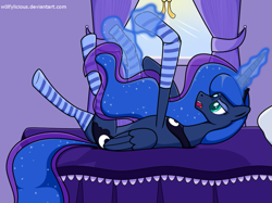 Size: 1025x768 | Tagged: safe, artist:w0lfylicious, princess luna, alicorn, pony, bed, bedroom, clothes, confused, magic, socks, solo, stockings, striped socks, window