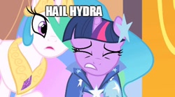 Size: 950x530 | Tagged: safe, edit, edited screencap, screencap, princess celestia, twilight sparkle, alicorn, pony, the best night ever, clothes, dress, duo, gala dress, hail hydra, image macro, meme