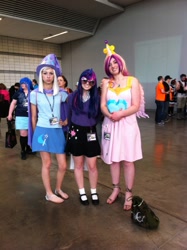 Size: 956x1280 | Tagged: artist needed, source needed, safe, princess cadance, trixie, twilight sparkle, human, clothes, cosplay, irl, irl human, mary janes, photo, sandals, skirt, sunglasses