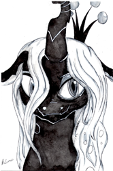 Size: 336x507 | Tagged: dead source, safe, artist:ciceronis, queen chrysalis, changeling, changeling queen, female, monochrome, portrait, solo