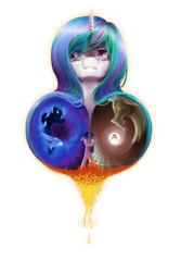 Size: 3317x4961 | Tagged: safe, artist:rouletteobsidian, discord, nightmare moon, princess celestia, twilight sparkle, alicorn, pony, crying