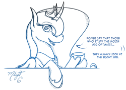 Size: 1000x714 | Tagged: safe, artist:midnightsix3, princess luna, alicorn, pony, curved horn, lunadoodle, monochrome, solo