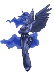 Size: 678x960 | Tagged: safe, artist:chickhawk96, artist:mrs1989, princess luna, alicorn, anthro, colored, crossed arms, flying, frown, leotard, simple background, solo, spread wings