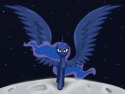 Size: 1200x900 | Tagged: safe, artist:t3zz, princess luna, alicorn, pony, large wings, looking at you, moon, solo, spread wings