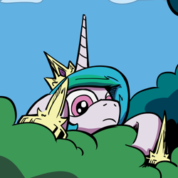 Size: 1100x1100 | Tagged: safe, artist:lovelyneckbeard, princess celestia, alicorn, pony, bush, creeper, cropped, female, hiding, i can't believe it's not idw, lurking, mare, reaction image, solo, soon