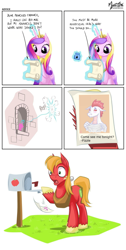 Size: 1100x2178 | Tagged: safe, edit, big macintosh, fizzle, princess cadance, alicorn, dragon, earth pony, pony, crown, female, fizzletosh, fluttershy's letter, forced meme, freckles, gay, glowing horn, hoof hold, horn, ink, jewelry, letter, levitation, magic, mailbox, male, mare, meme, multicolored mane, onomatopoeia, open mouth, orange mane, orange tail, pink coat, purple eyes, quill, raised hoof, raised leg, red coat, regalia, simple background, sitting, smiling, stallion, surprised, teenaged dragon, telekinesis, text, unshorn fetlocks, white background, wings