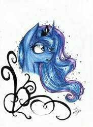 Size: 1670x2277 | Tagged: safe, artist:careness, princess luna, alicorn, pony, curved horn, solo, traditional art