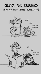 Size: 669x1200 | Tagged: safe, artist:egophiliac, bon bon, boy bon, guyra, lyra heartstrings, sweetie drops, earth pony, human, pony, unicorn, black and white, coffee, flirt, gay, grayscale, humanized, male, monochrome, newspaper, rule 63, shipping, stallion