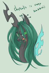 Size: 754x1106 | Tagged: safe, artist:wolhim, queen chrysalis, changeling, changeling queen, crown, fangs, female, horn, jewelry, regalia, simple background, slit eyes, smiling, solo, text, tongue out, traditional art, wings