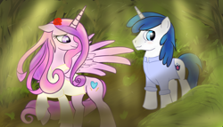 Size: 7000x4000 | Tagged: safe, artist:breezethepony, princess cadance, shining armor, alicorn, pony, unicorn, blushing, clothes, forest, shirt, smiling