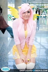 Size: 512x768 | Tagged: safe, derpibooru import, fluttershy, lyra heartstrings, human, pony, clothes, cosplay, irl, irl human, jessica nigri, photo, ponies in real life, sweater, sweatershy