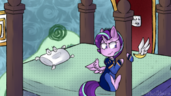 Size: 1280x720 | Tagged: safe, artist:urbanqhoul, starlight glimmer, alicorn, alicornified, bed, clothes, dream, dress, hanging, pillow, pinkie tales, race swap, solo, starlicorn, xk-class end-of-the-world scenario