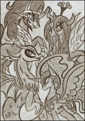 Size: 1641x2343 | Tagged: safe, artist:rossmaniteanzu, discord, king sombra, nightmare moon, queen chrysalis, changeling, changeling queen, pony, unicorn, antagonist, monochrome, traditional art