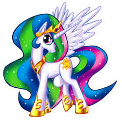 Size: 576x576 | Tagged: safe, artist:stridersyd, princess celestia, alicorn, pony, crown, female, horn, mare, multicolored mane, multicolored tail, solo, white coat, white wings, wings