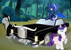 Size: 1070x747 | Tagged: safe, artist:claritea, princess luna, rarity, oc, oc:sketchy, alicorn, pony, unicorn, car, lincoln (car), lincoln continental