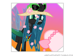 Size: 650x500 | Tagged: safe, artist:mixermike622, queen chrysalis, oc, oc:fluffle puff, changeling, changeling queen, cute, cutealis, female, hat, necklace, offscreen character, solo focus, sunglasses