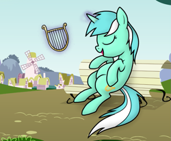 Size: 839x692 | Tagged: safe, artist:nukeleer, lyra heartstrings, bench, lyre, sitting, solo, windmill