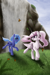 Size: 1000x1500 | Tagged: safe, artist:santagiera, princess celestia, princess luna, alicorn, butterfly, pony, cewestia, female, filly, grass, looking back, mare, open mouth, outdoors, ponytail, running, smiling, waterfall, woona, younger