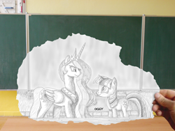 Size: 3648x2736 | Tagged: safe, artist:oggynka, princess celestia, twilight sparkle, human, classroom, hand