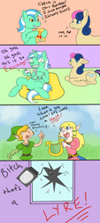 Size: 884x1948 | Tagged: dead source, safe, artist:sailorsun546, bon bon, lyra heartstrings, sweetie drops, comic, crossover, the legend of zelda