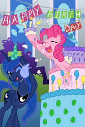 Size: 3000x4500 | Tagged: safe, artist:template93, pinkie pie, princess luna, alicorn, earth pony, pony, birthday, birthday cake, cake, candle, commission, cute, fire, hat, party hat, pop out cake, present