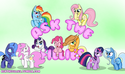Size: 1500x886 | Tagged: artist needed, safe, artist:askthefillies, applejack, fluttershy, pinkie pie, princess celestia, princess luna, rainbow dash, rarity, trixie, twilight sparkle, twilight sparkle (alicorn), alicorn, earth pony, pegasus, pony, unicorn, ask, ask the fillies, boop, cewestia, cute, eye contact, eyes closed, female, filly, flying, frown, grin, grumpy, looking at you, mane six, mare, open mouth, oversized hat, raised eyebrow, raised hoof, self-boop, smiling, smirk, squee, surprised, tumblr, twin, unamused, waving, wide eyes, woona