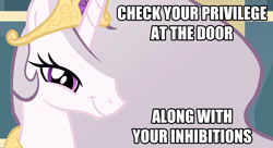 Size: 908x494 | Tagged: safe, artist:dtkraus, edit, princess celestia, alicorn, pony, bedroom eyes, check your privilege, drama, looking at you, princess molestia, solo