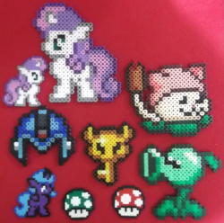 Size: 1381x1372 | Tagged: safe, artist:shenhibiki, princess luna, sweetie belle, alicorn, pony, 1-up mushroom, beads, hama beads, key, megaman, megaman x, peashooter, plants vs. zombies, super mario bros., super mushroom, the legend of zelda