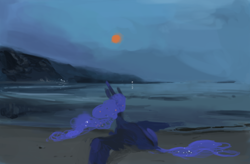 Size: 868x570 | Tagged: safe, artist:sterfler, princess luna, alicorn, pony, beach, lights, lying, moon, mountain, reflection, scenery, solo, spread wings, water, wings