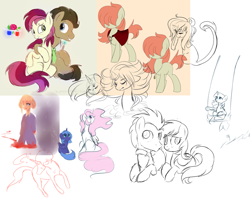 Size: 1024x819 | Tagged: safe, artist:fikakorv, doctor whooves, princess celestia, princess luna, roseluck, twilight sparkle, oc, oc:rudy redhead, alicorn, pony, doctorrose, female, male, shipping, sketch dump, straight