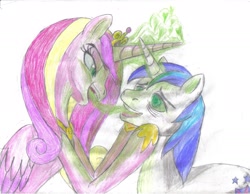 Size: 1645x1277 | Tagged: safe, artist:semijuggalo, princess cadance, queen chrysalis, shining armor, alicorn, changeling, changeling queen, pony, unicorn, changeling feeding, disguise, disguised changeling, draining, fake cadance, heart, magic, mind control, traditional art