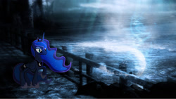 Size: 1920x1080 | Tagged: safe, artist:mr-kennedy92, princess luna, alicorn, pony, castle, female, fence, mare, moon, pretty, solo, vector, wallpaper, water