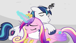 Size: 640x360 | Tagged: safe, screencap, princess cadance, shining armor, alicorn, pony, unicorn, the crystal empire, female, horn, horn crystals, magic suppression, male, shiningcadance, shipping, straight