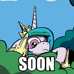 Size: 960x960 | Tagged: safe, artist:lovelyneckbeard, princess celestia, alicorn, pony, bush, caption, creeper, cropped, image macro, meme, reaction image, solo, soon